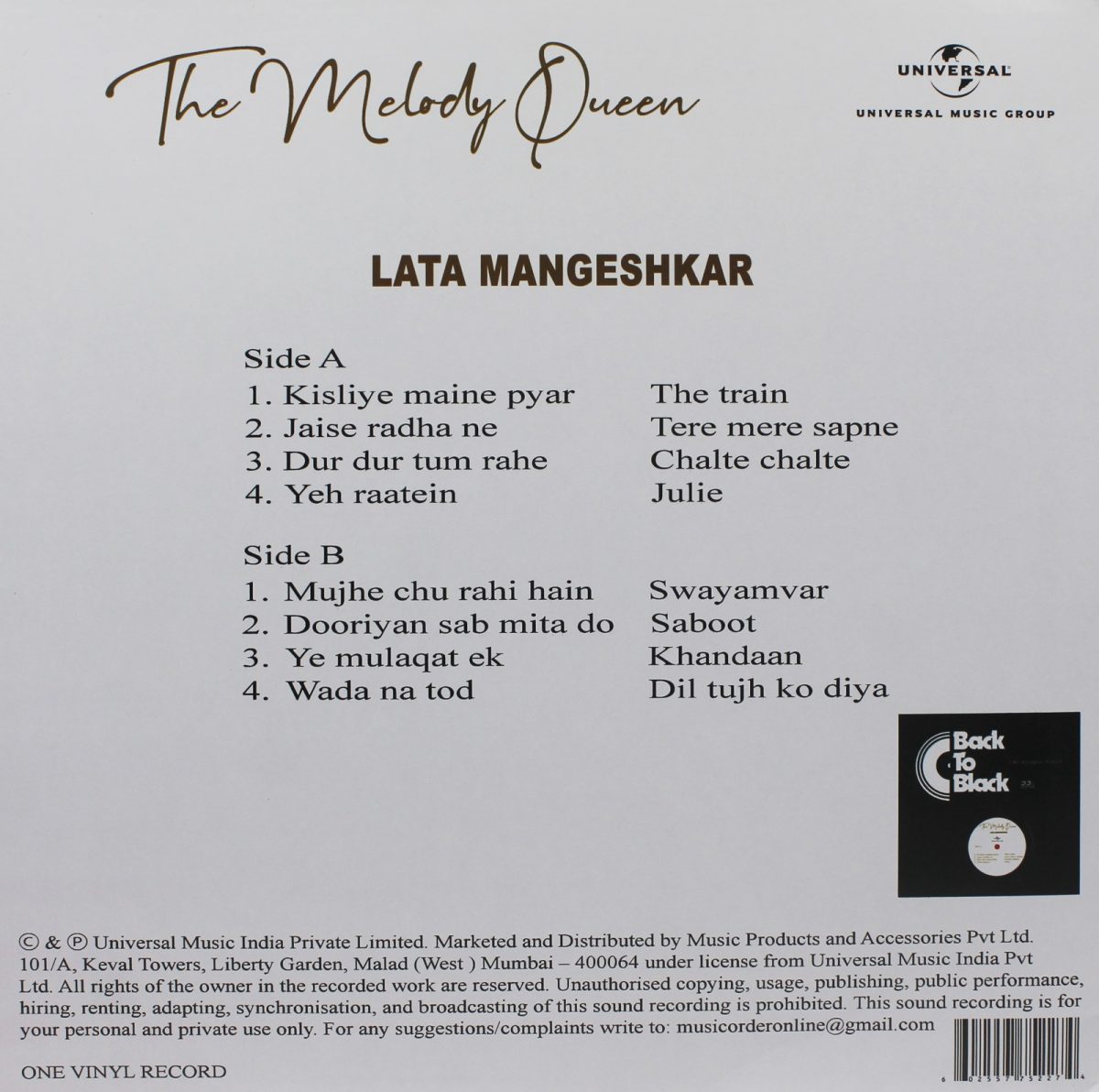 Lata Mangeshkar - The Melody Queen - 602557752274 - New Release Hindi LP Vinyl Record - Image 2