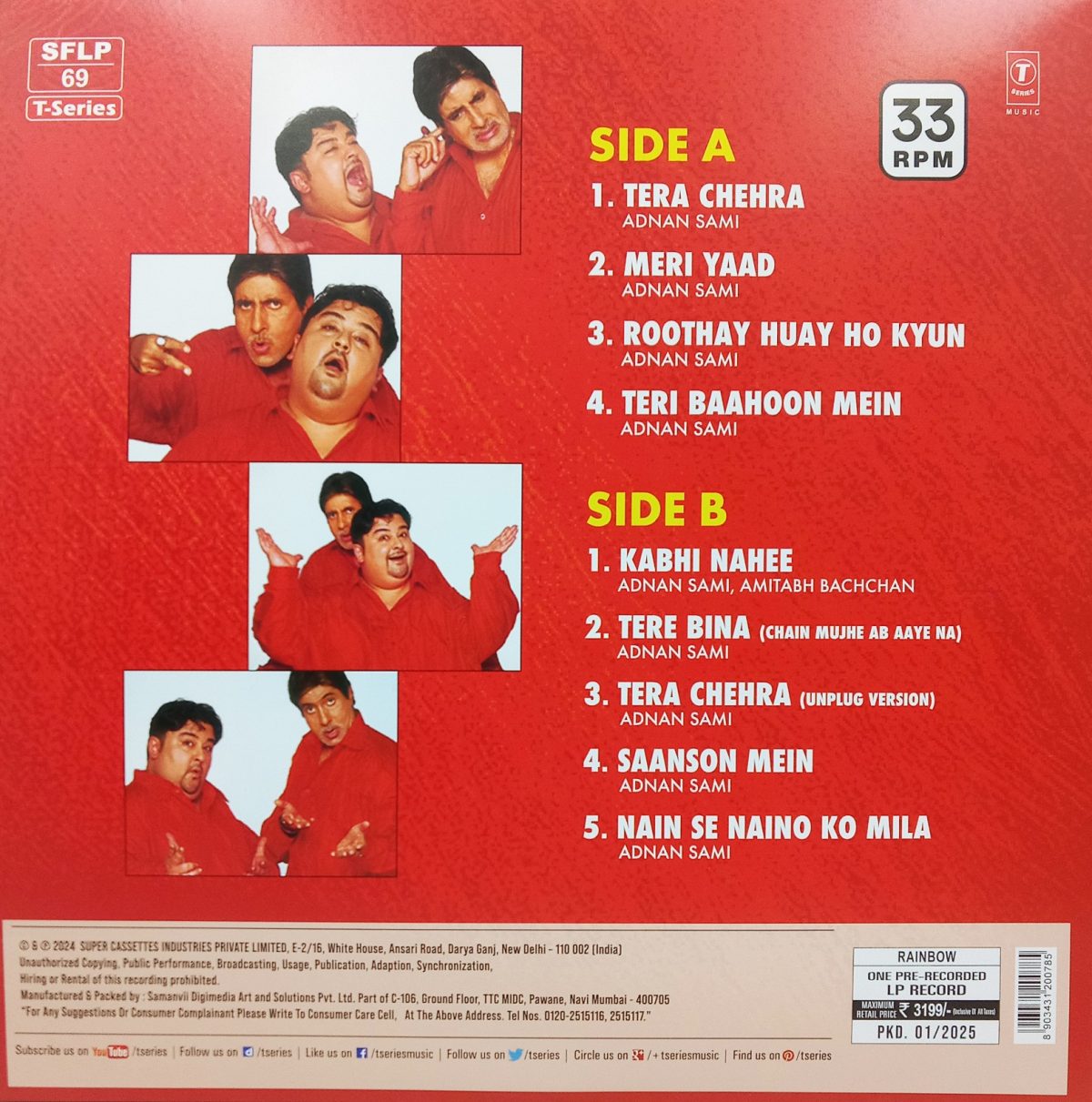 Adnan Sami - Tera Chehra - SFLP 69 - Record Colour - Red - CBF - New Released LP Vinyl Record - Image 2