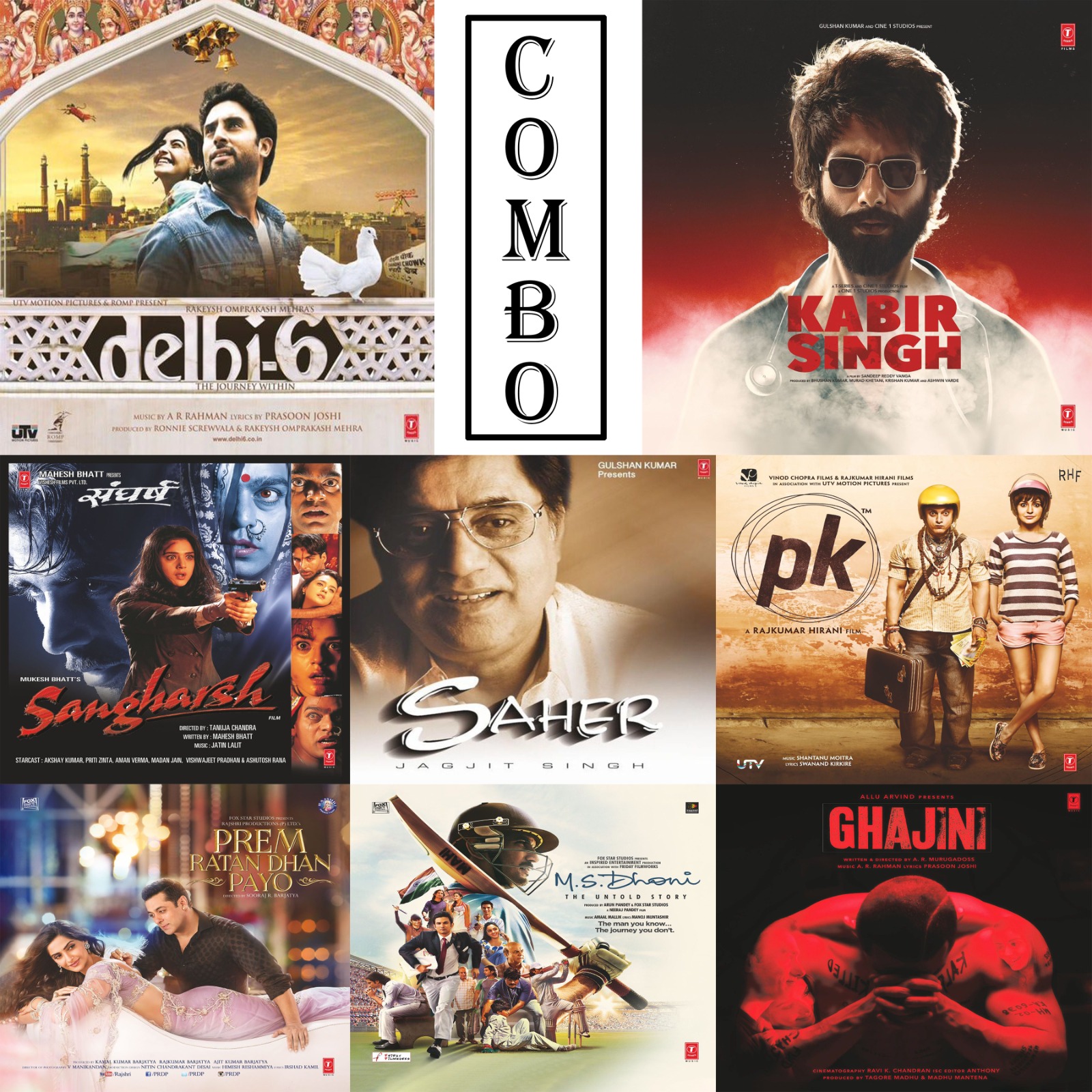 b94b715a-2ac0-4636-9381-47c26ab10dec.jpeg Delhi-6 + Kabir Singh + Sangharsh + Jagjit Singh – Saher + PK + Prem Ratan Dhan Payo + Ghajini + M.S. Dhoni – Combo LP Set - Image 1